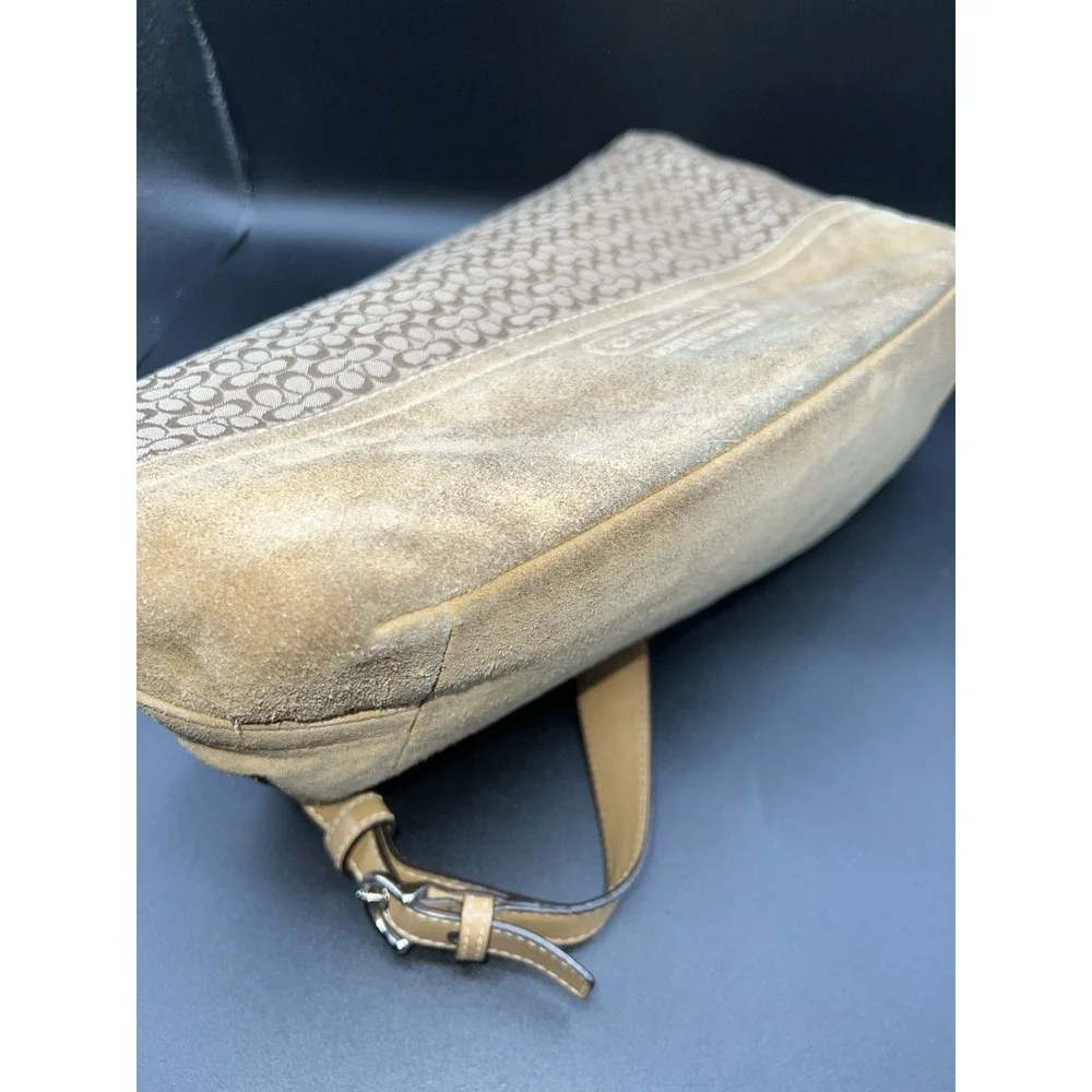 Coach Signature Brown Canvas Suede Hobo Shoulder Bag